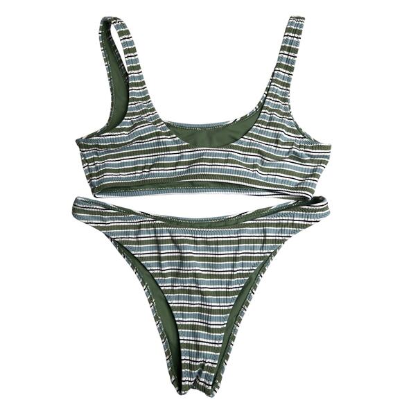L.A. Hearts Two Piece Bikini Swimwear Set S Top and M Bottom Green Striped EUC - Picture 1 of 6
